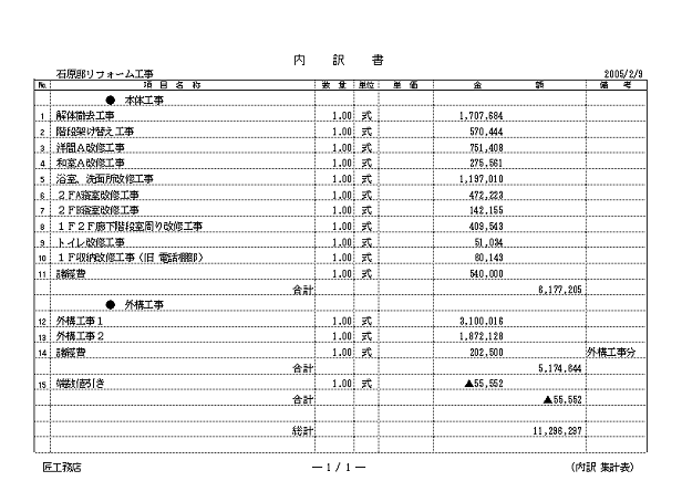 親方さんの簡単エクセル御見積書 原価積算対応